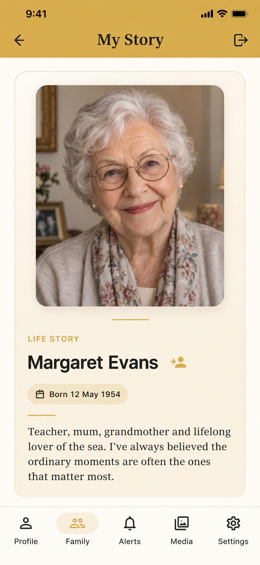 Margaret Evans profile shown inside the My Story app